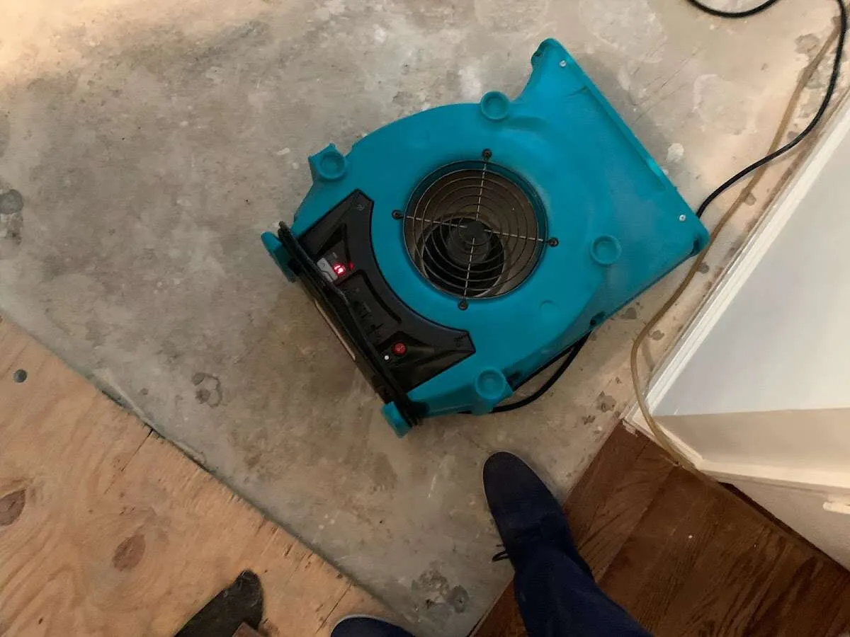 Air mover drying subfloor during Commercial Water Damage Restoration in Corinth